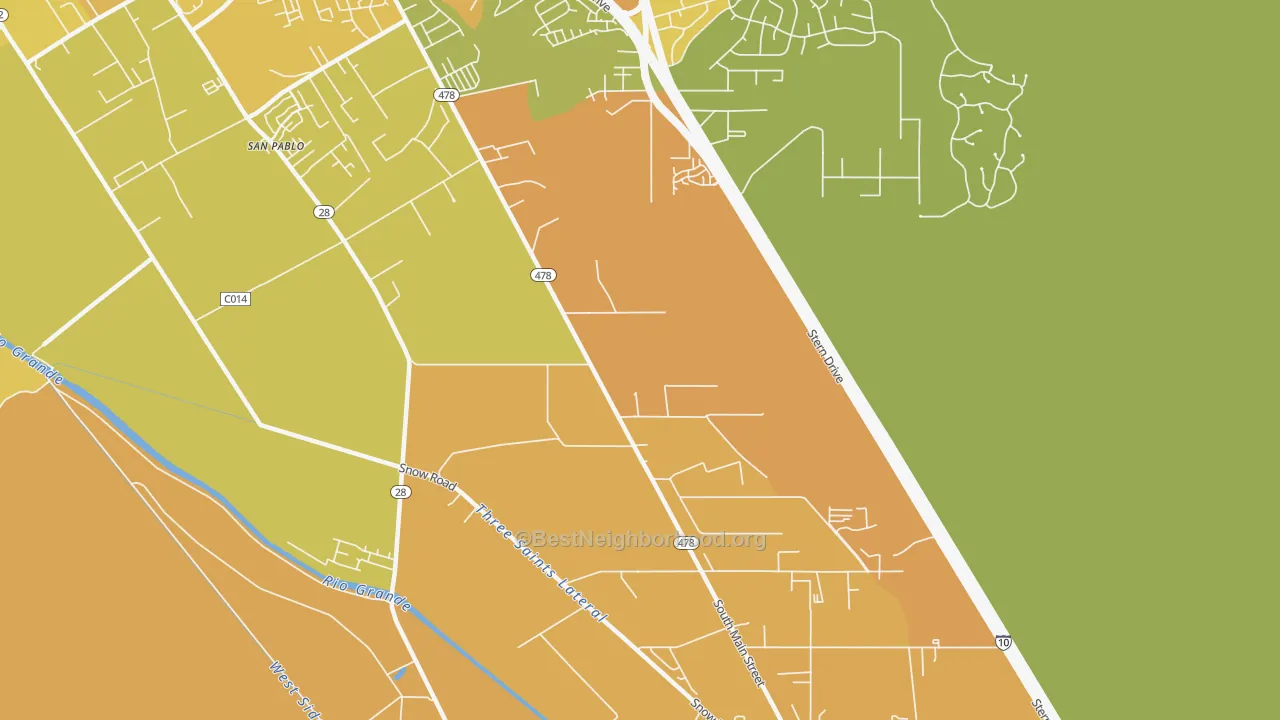Map of the best neighborhoods in the 88047 area, with better matches in green and worse matches in red