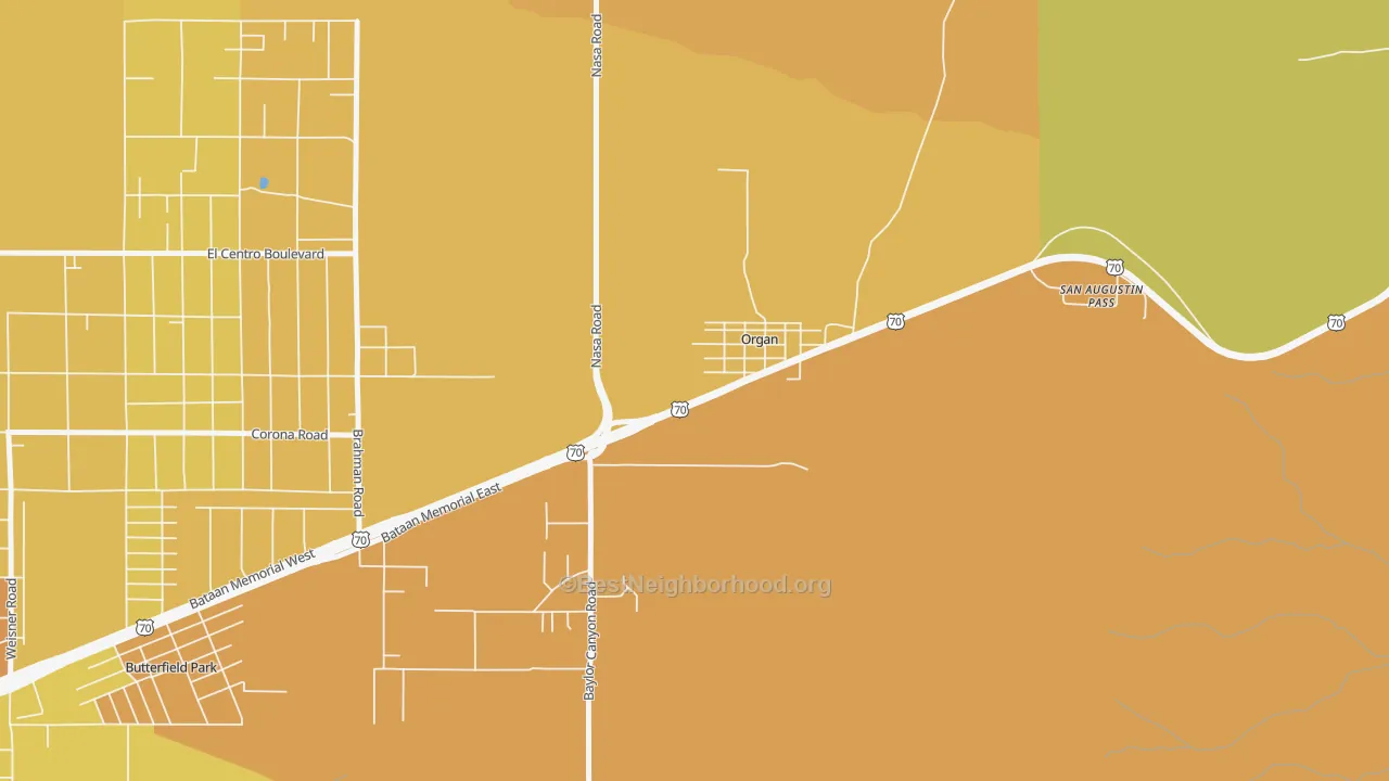 Map of the best neighborhoods in the 88052 area, with better matches in green and worse matches in red