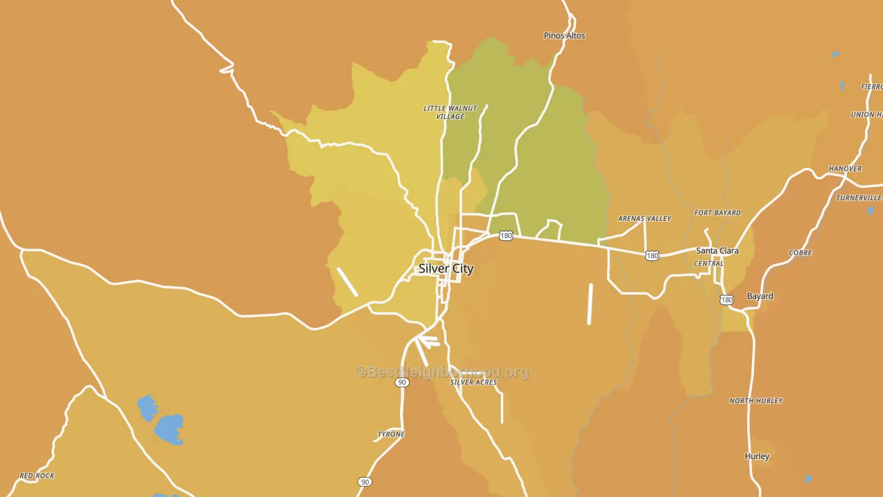 Map of the best neighborhoods in the 88061 area, with better matches in green and worse matches in red