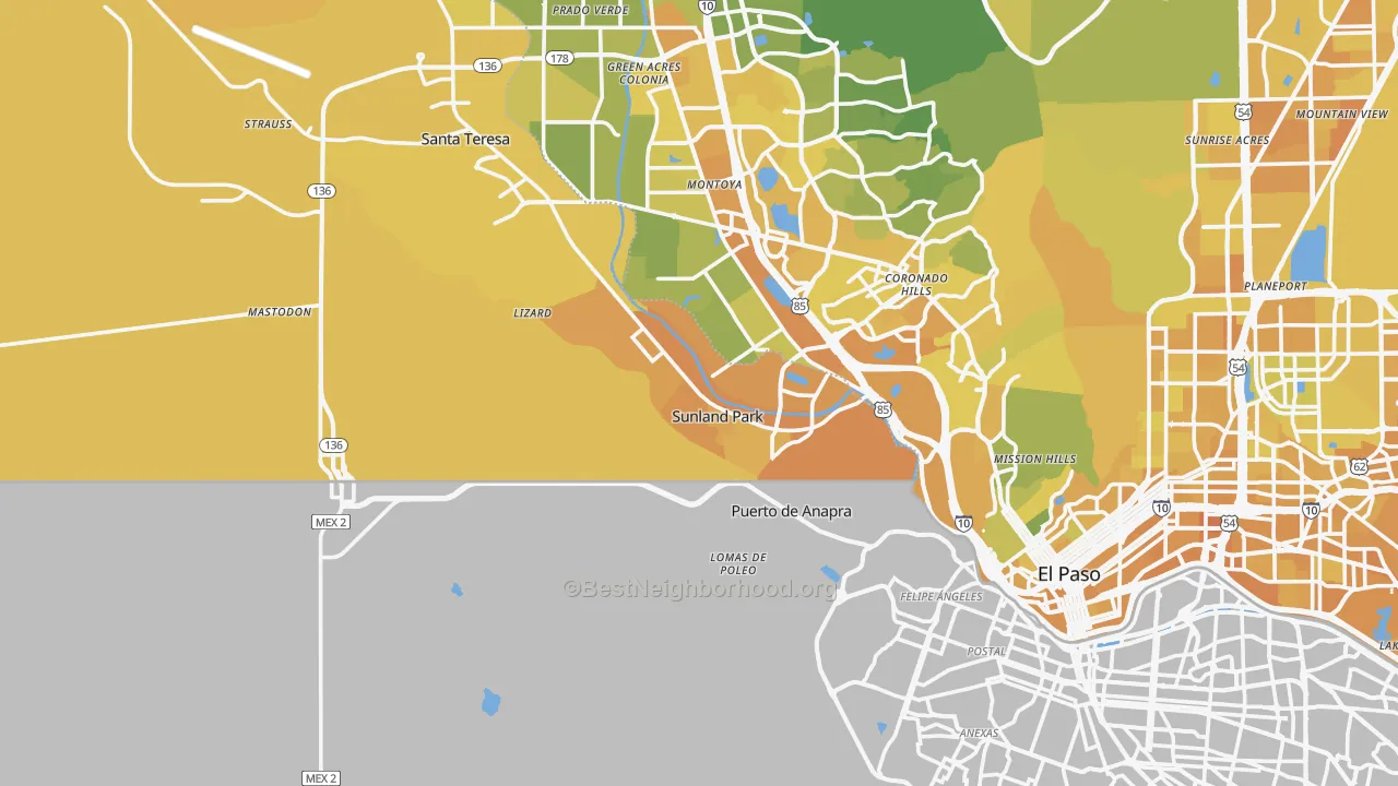Map of the best neighborhoods in the 88063 area, with better matches in green and worse matches in red