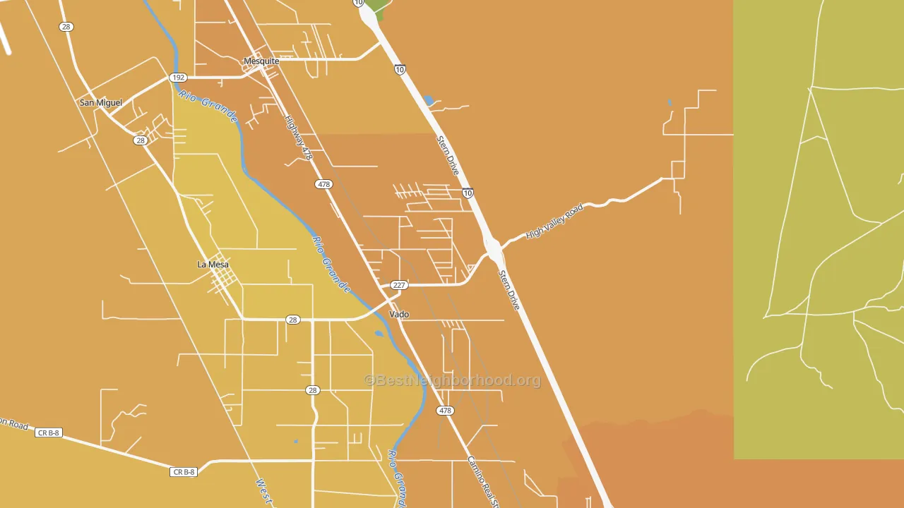 Map of the best neighborhoods in the 88072 area, with better matches in green and worse matches in red