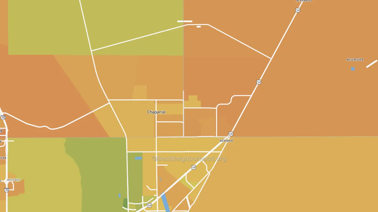 Map of the best neighborhoods in the 88081 area, with better matches in green and worse matches in red