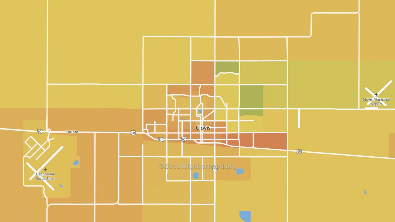 Map of the best neighborhoods in the 88101 area, with better matches in green and worse matches in red