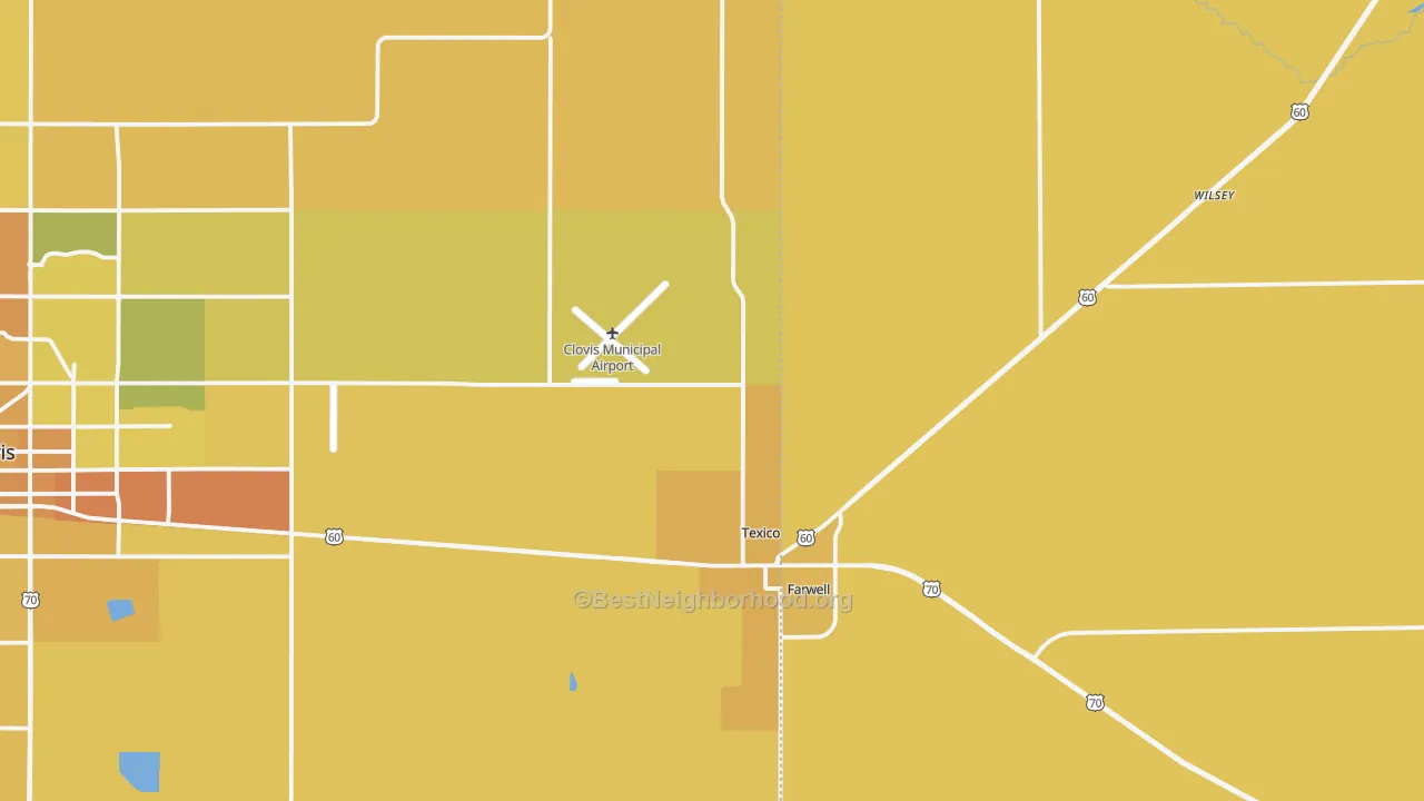 Map of the best neighborhoods in the 88135 area, with better matches in green and worse matches in red
