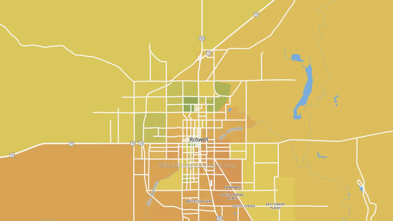 Map of the best neighborhoods in the 88201 area, with better matches in green and worse matches in red