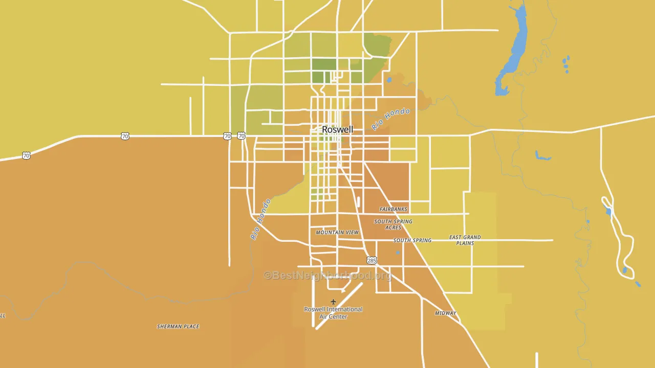 Map of the best neighborhoods in the 88203 area, with better matches in green and worse matches in red