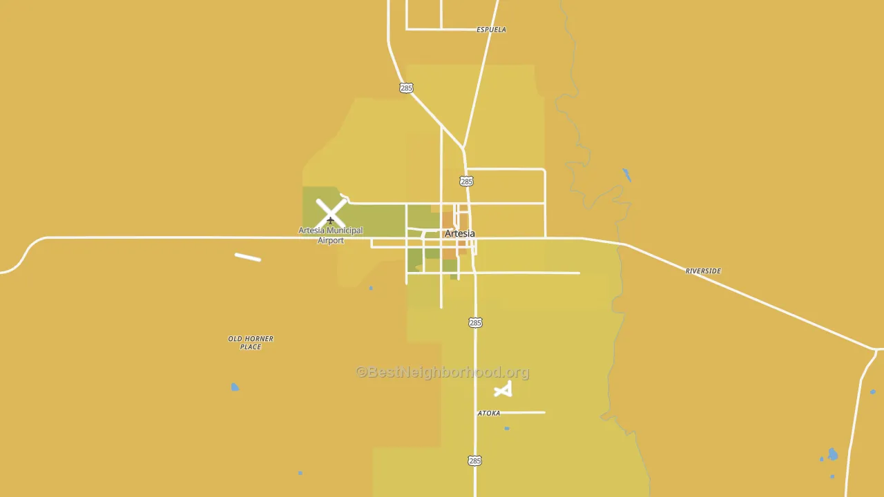 Map of the best neighborhoods in the 88210 area, with better matches in green and worse matches in red