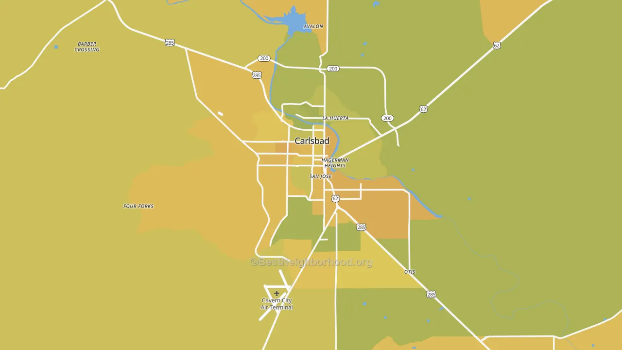 Map of the best neighborhoods in the 88220 area, with better matches in green and worse matches in red