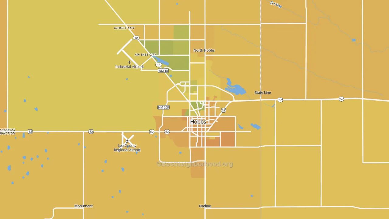 Map of the best neighborhoods in the 88240 area, with better matches in green and worse matches in red