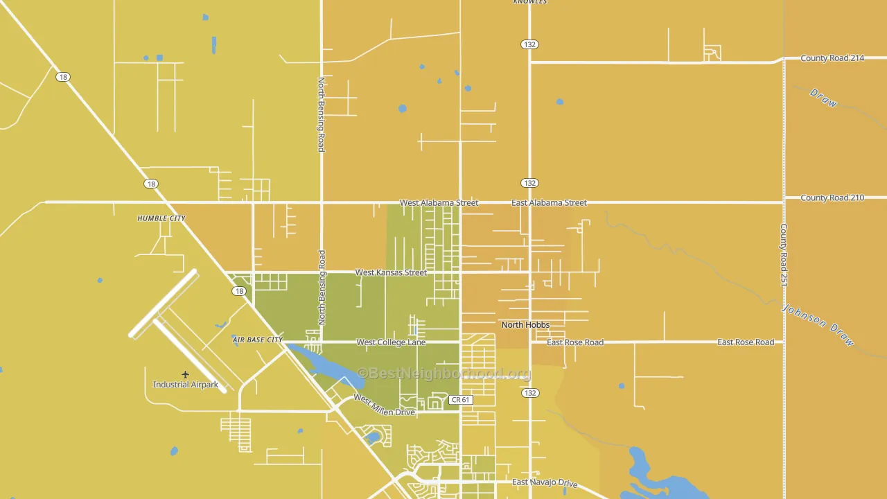 Map of the best neighborhoods in the 88242 area, with better matches in green and worse matches in red