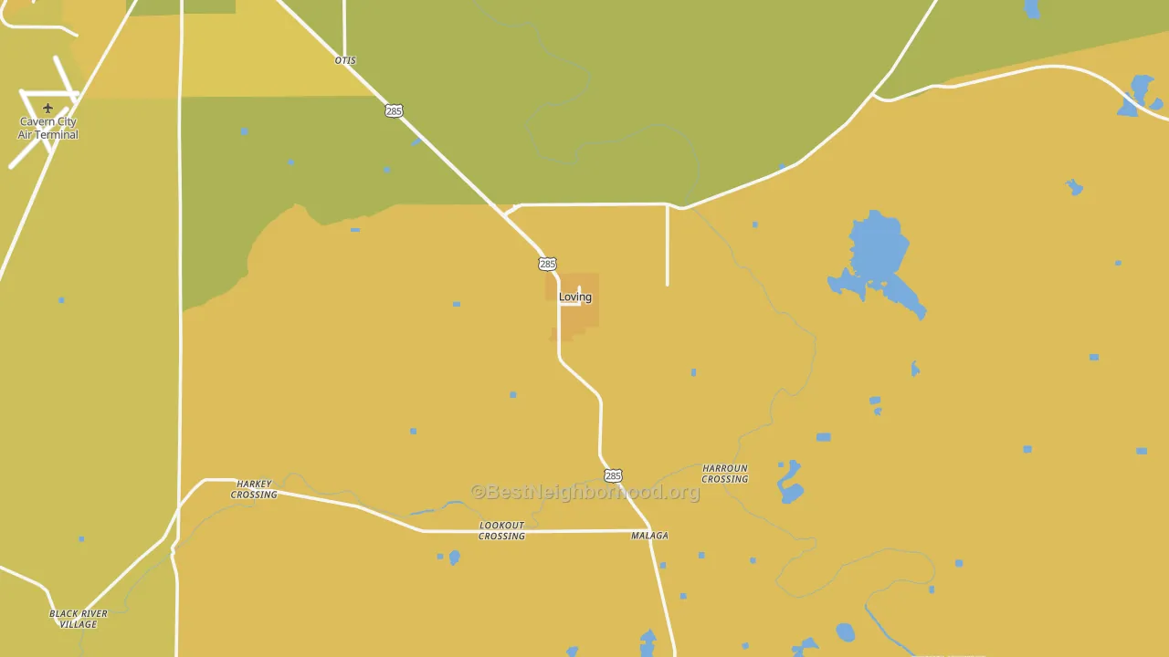 Map of the best neighborhoods in the 88256 area, with better matches in green and worse matches in red