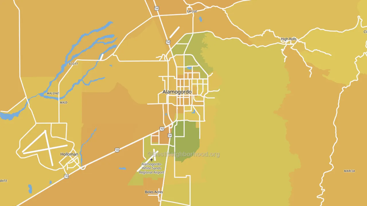 Map of the best neighborhoods in the 88310 area, with better matches in green and worse matches in red