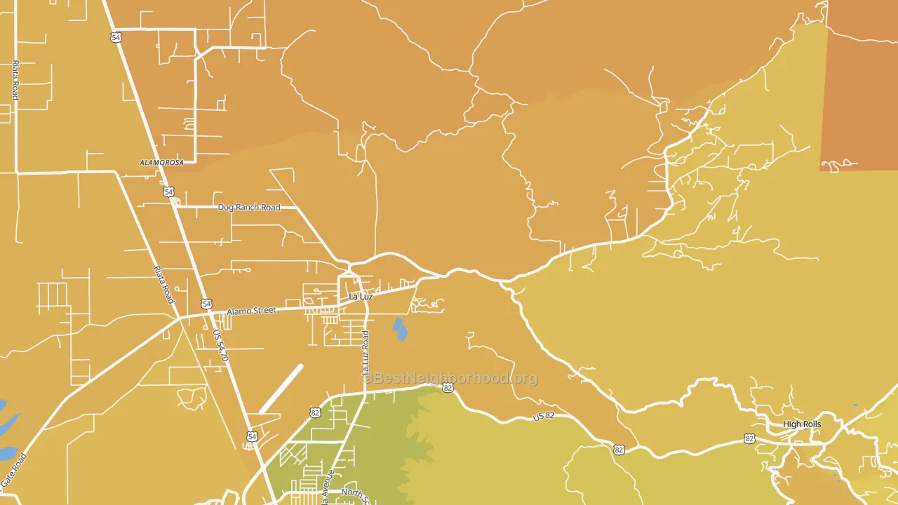 Map of the best neighborhoods in the 88337 area, with better matches in green and worse matches in red