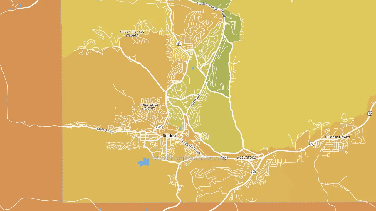 Map of the best neighborhoods in the 88345 area, with better matches in green and worse matches in red