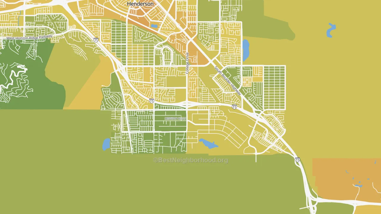 Map of the best neighborhoods in the 89002 area, with better matches in green and worse matches in red
