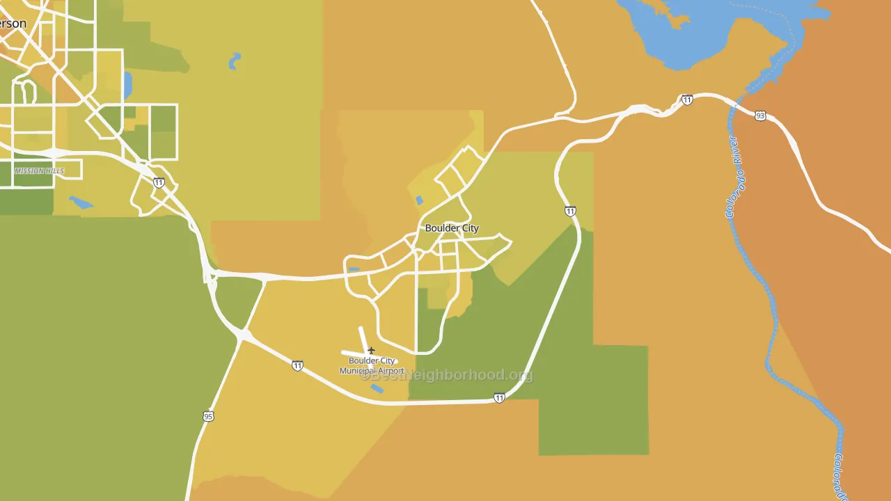 Map of the best neighborhoods in the 89005 area, with better matches in green and worse matches in red