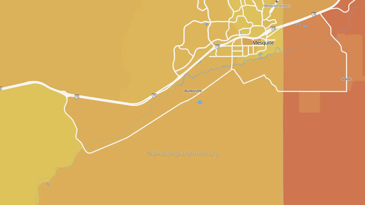 Map of the best neighborhoods in the 89007 area, with better matches in green and worse matches in red