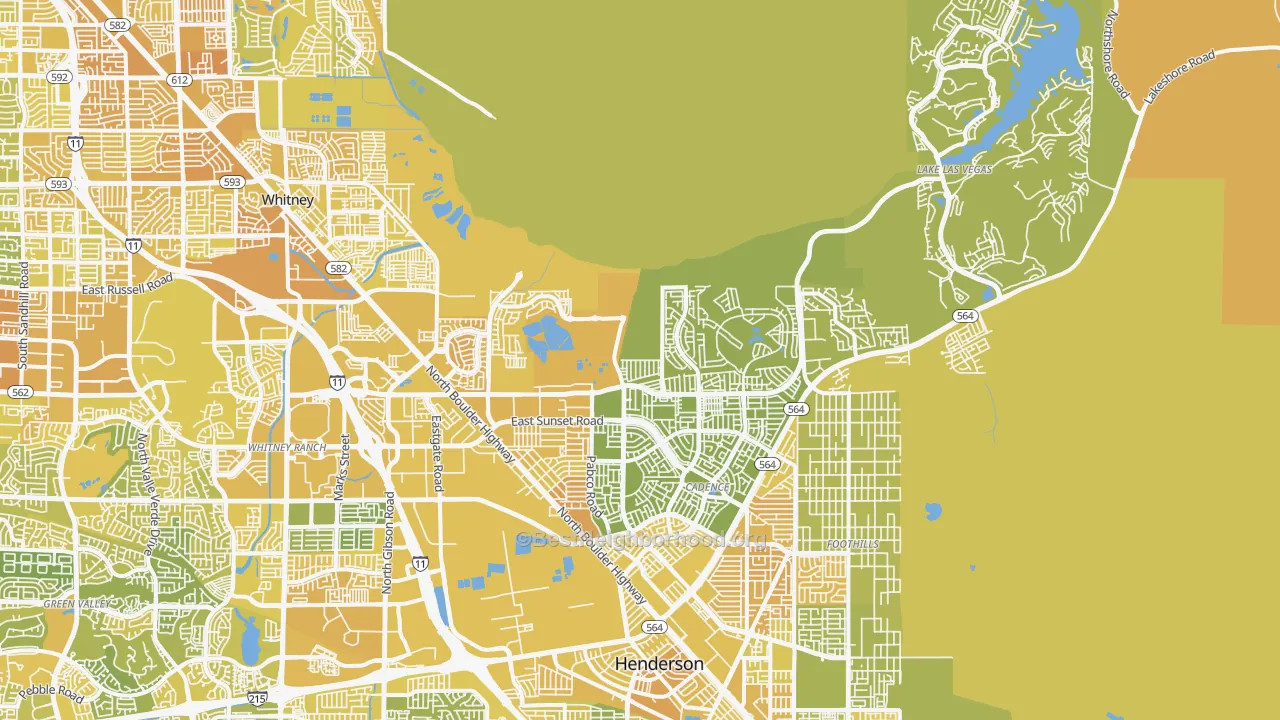 Map of the best neighborhoods in the 89011 area, with better matches in green and worse matches in red