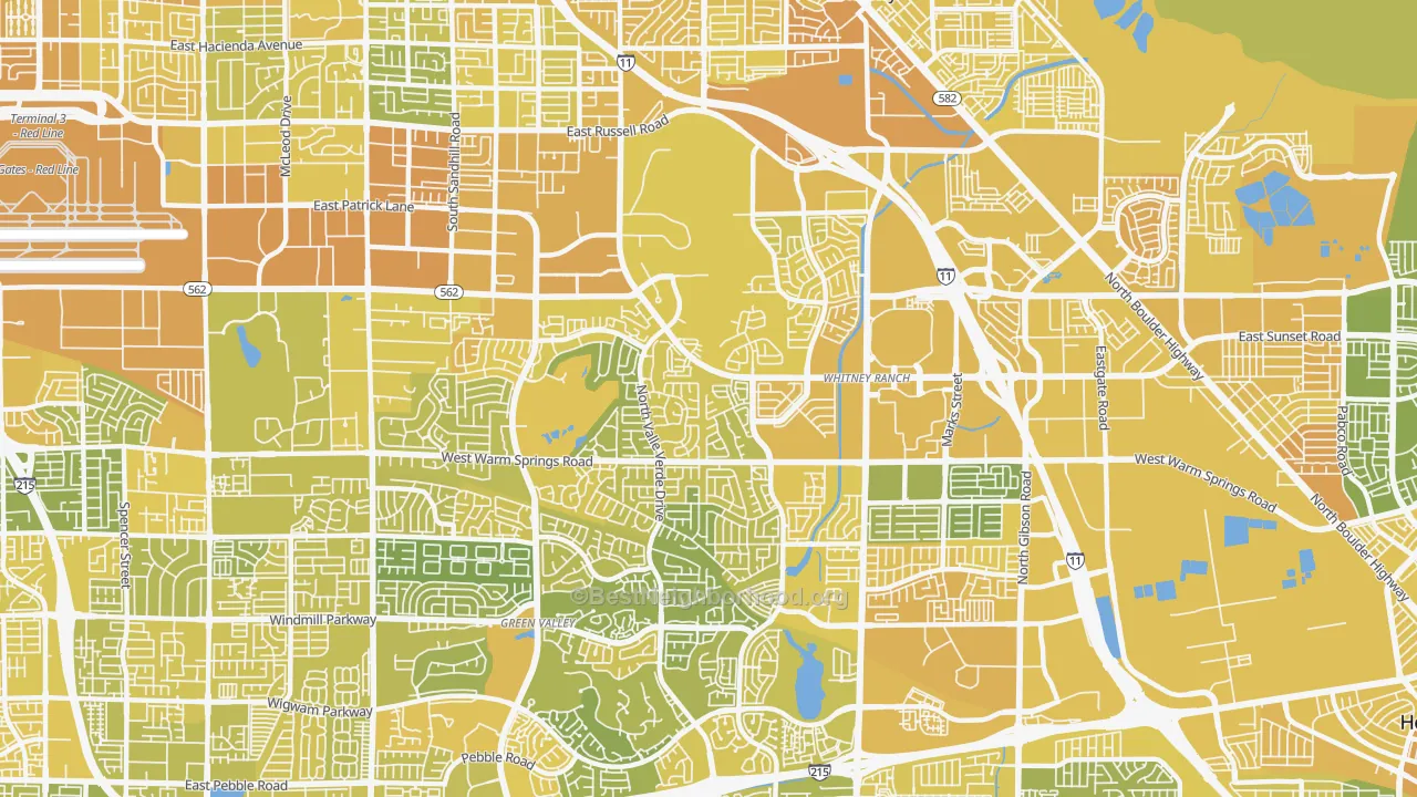 Map of the best neighborhoods in the 89014 area, with better matches in green and worse matches in red