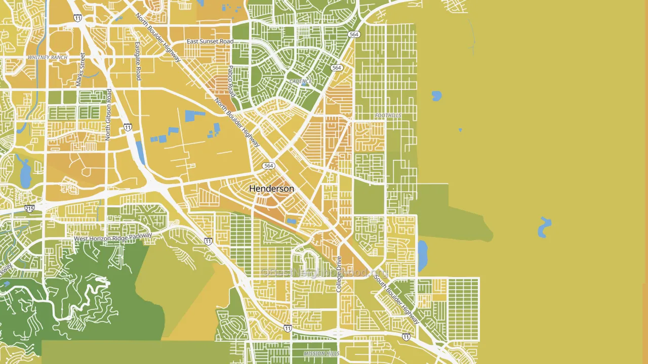 Map of the best neighborhoods in the 89015 area, with better matches in green and worse matches in red