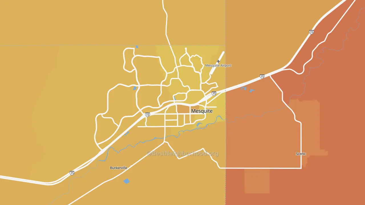 Map of the best neighborhoods in the 89027 area, with better matches in green and worse matches in red