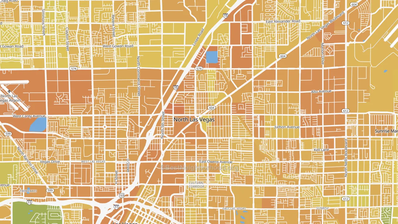 Map of the best neighborhoods in the 89030 area, with better matches in green and worse matches in red