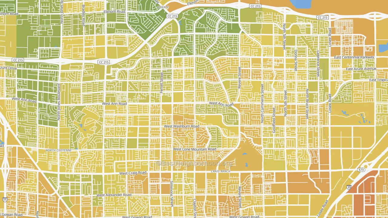 Map of the best neighborhoods in the 89031 area, with better matches in green and worse matches in red