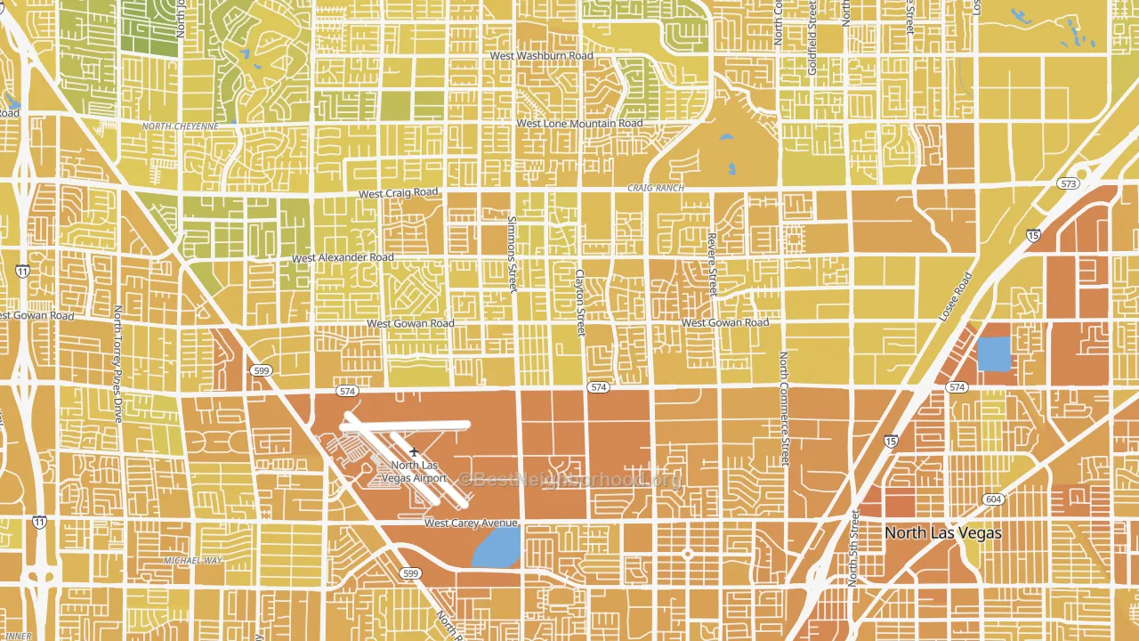 Map of the best neighborhoods in the 89032 area, with better matches in green and worse matches in red