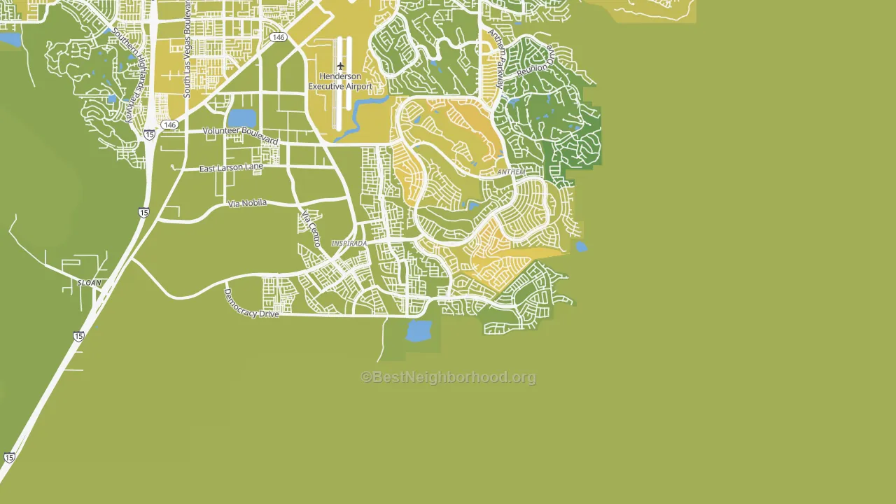 Map of the best neighborhoods in the 89044 area, with better matches in green and worse matches in red