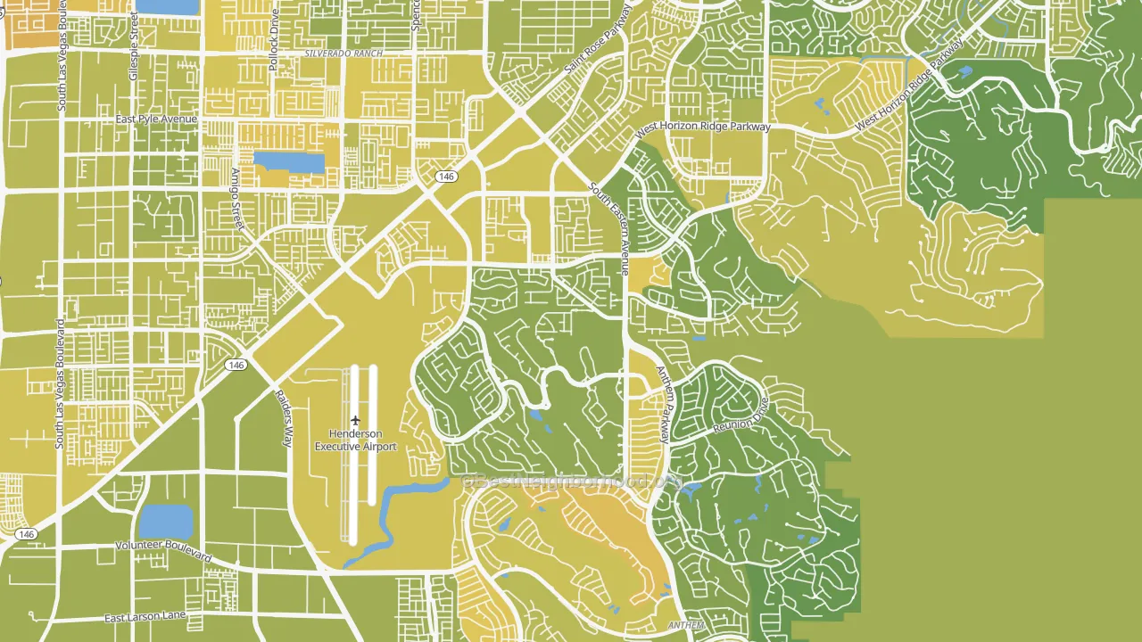Map of the best neighborhoods in the 89052 area, with better matches in green and worse matches in red