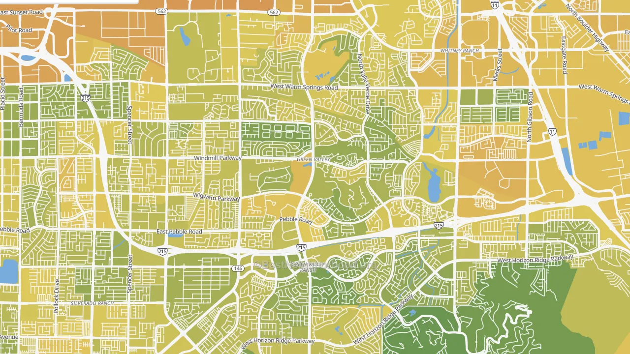 Map of the best neighborhoods in the 89074 area, with better matches in green and worse matches in red