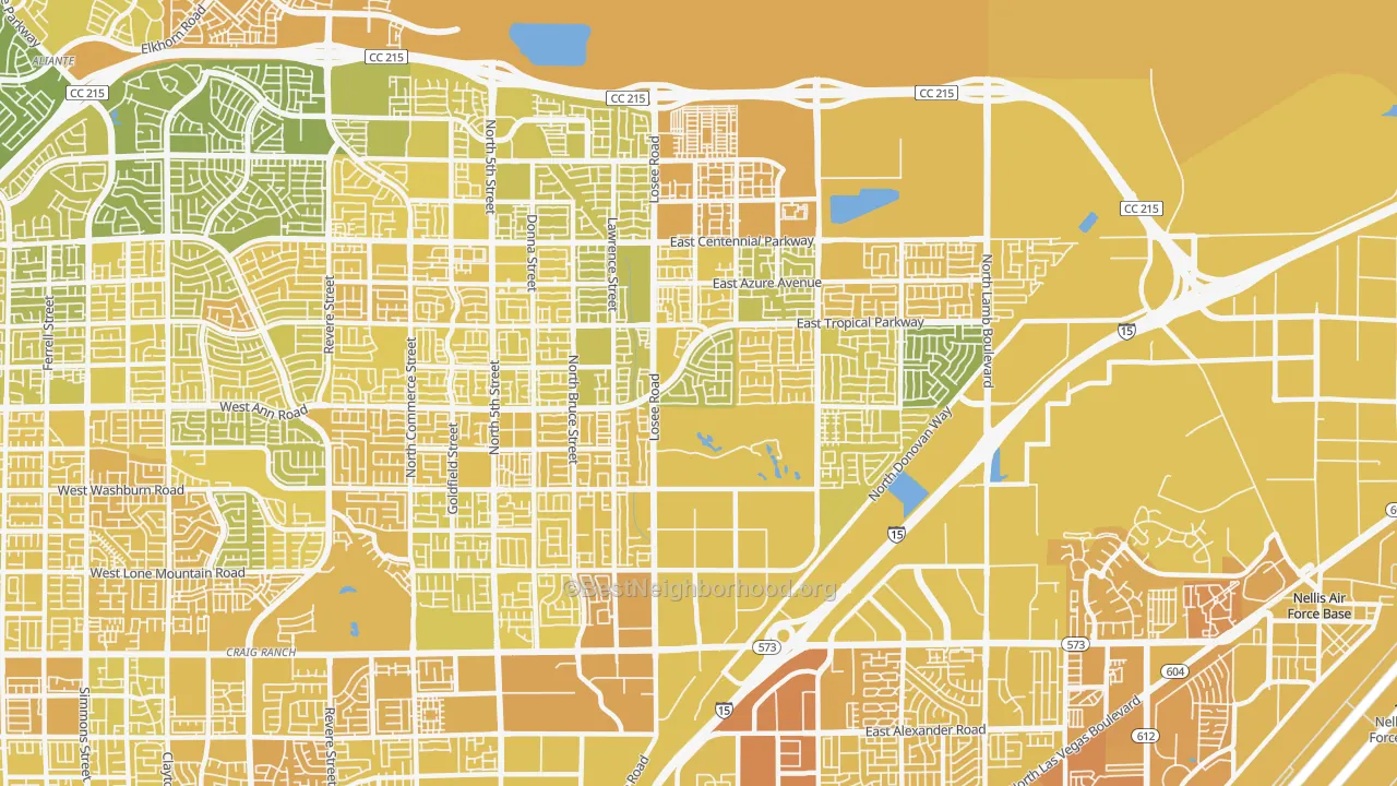 Map of the best neighborhoods in the 89081 area, with better matches in green and worse matches in red