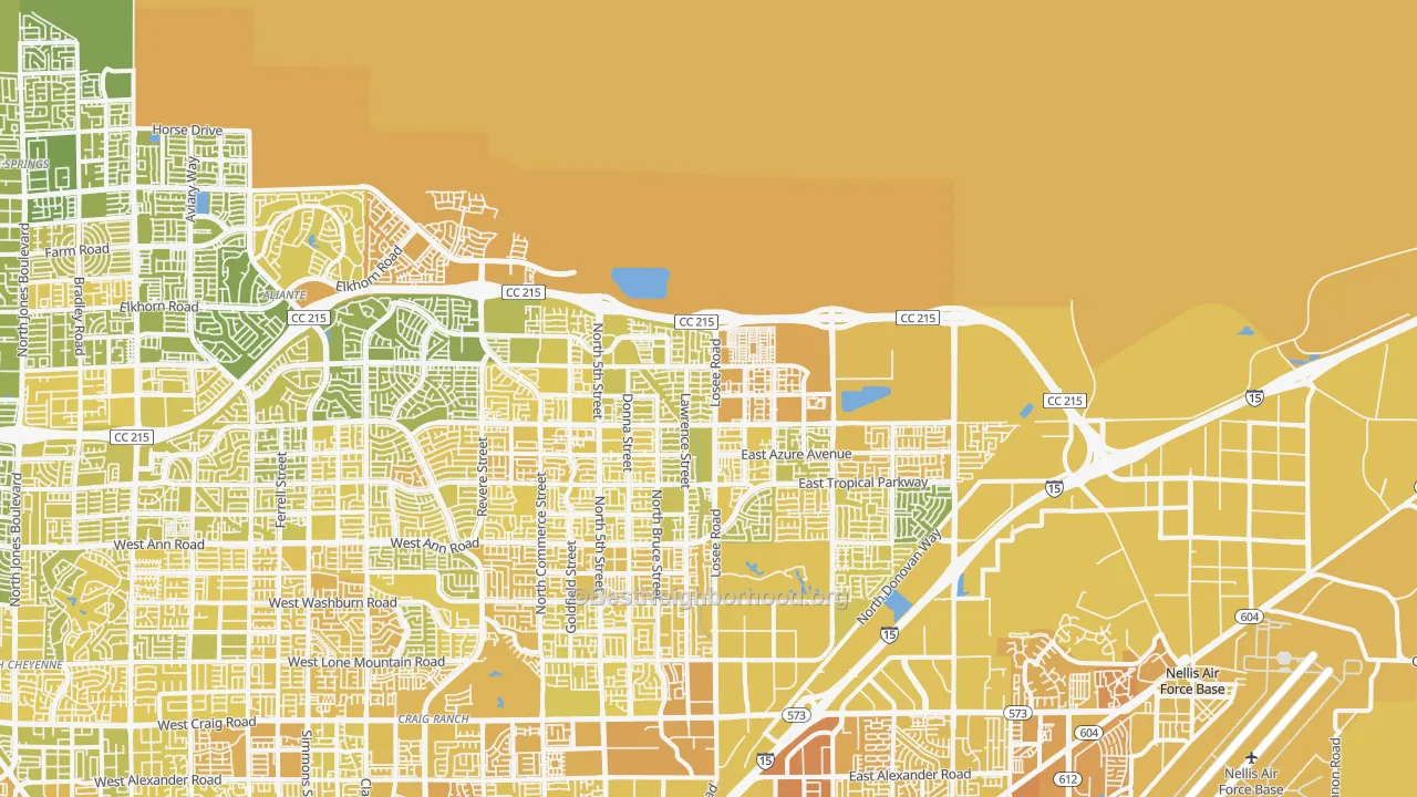Map of the best neighborhoods in the 89086 area, with better matches in green and worse matches in red