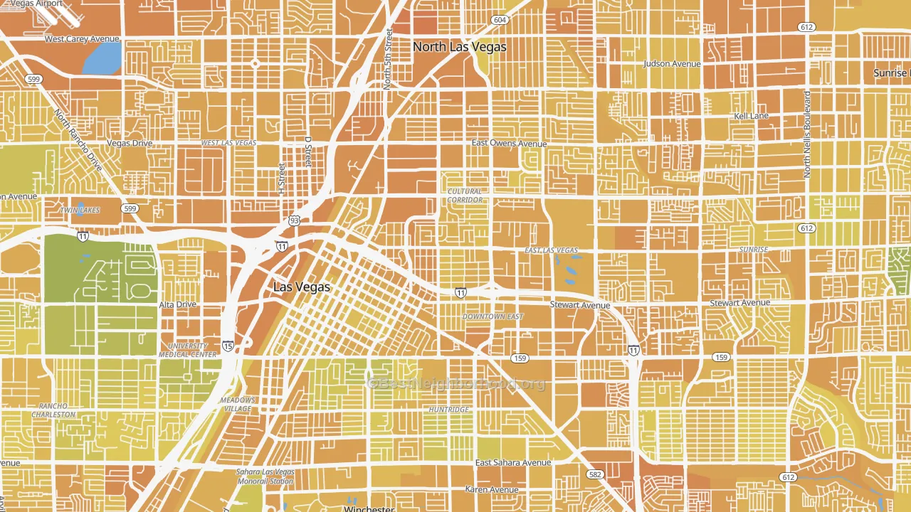 Map of the best neighborhoods in the 89101 area, with better matches in green and worse matches in red