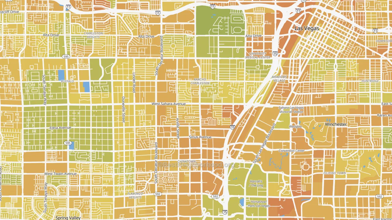 Map of the best neighborhoods in the 89102 area, with better matches in green and worse matches in red