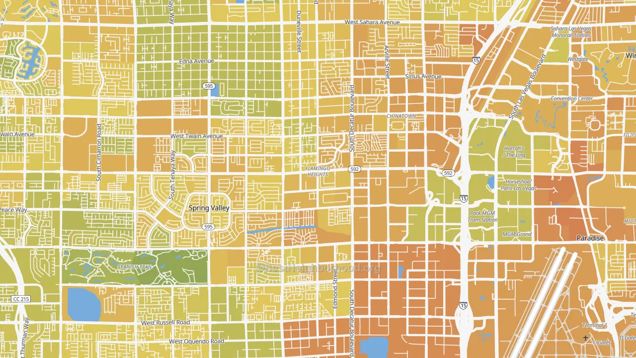 Map of the best neighborhoods in the 89103 area, with better matches in green and worse matches in red