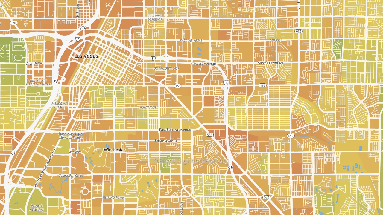Map of the best neighborhoods in the 89104 area, with better matches in green and worse matches in red