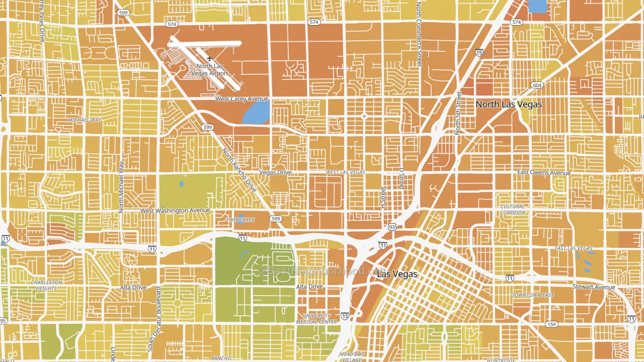 Map of the best neighborhoods in the 89106 area, with better matches in green and worse matches in red