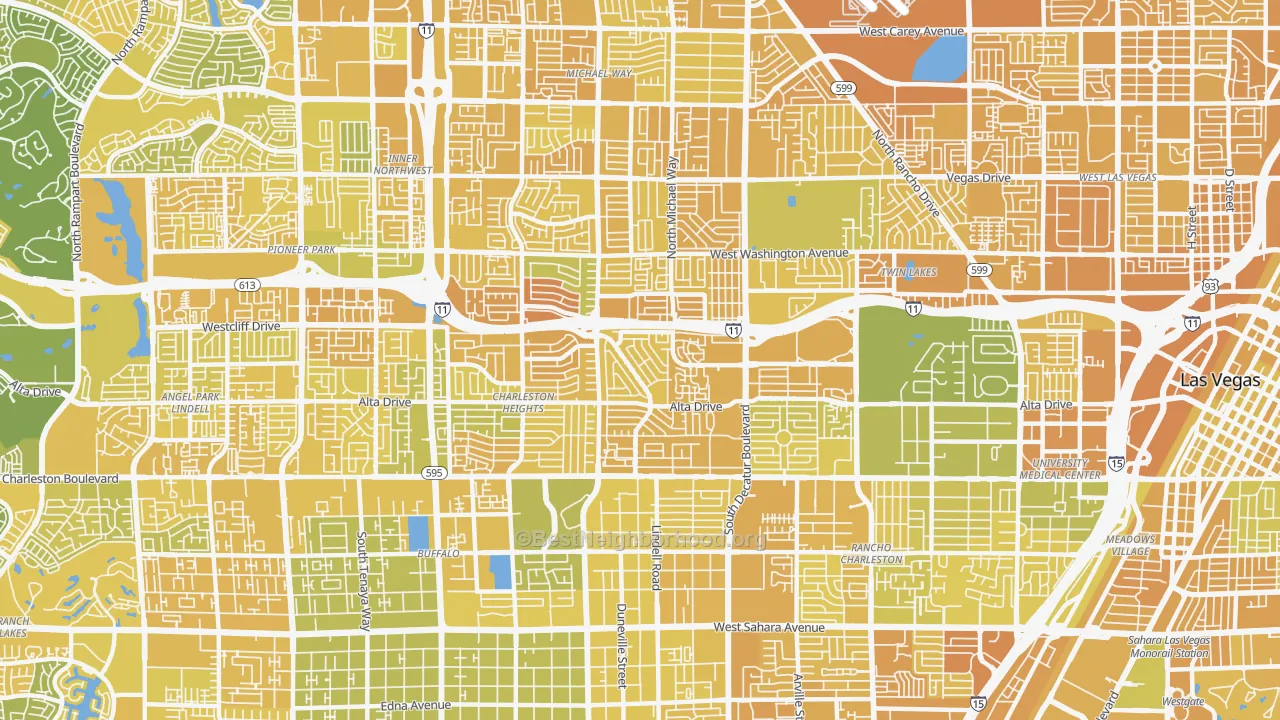 Map of the best neighborhoods in the 89107 area, with better matches in green and worse matches in red