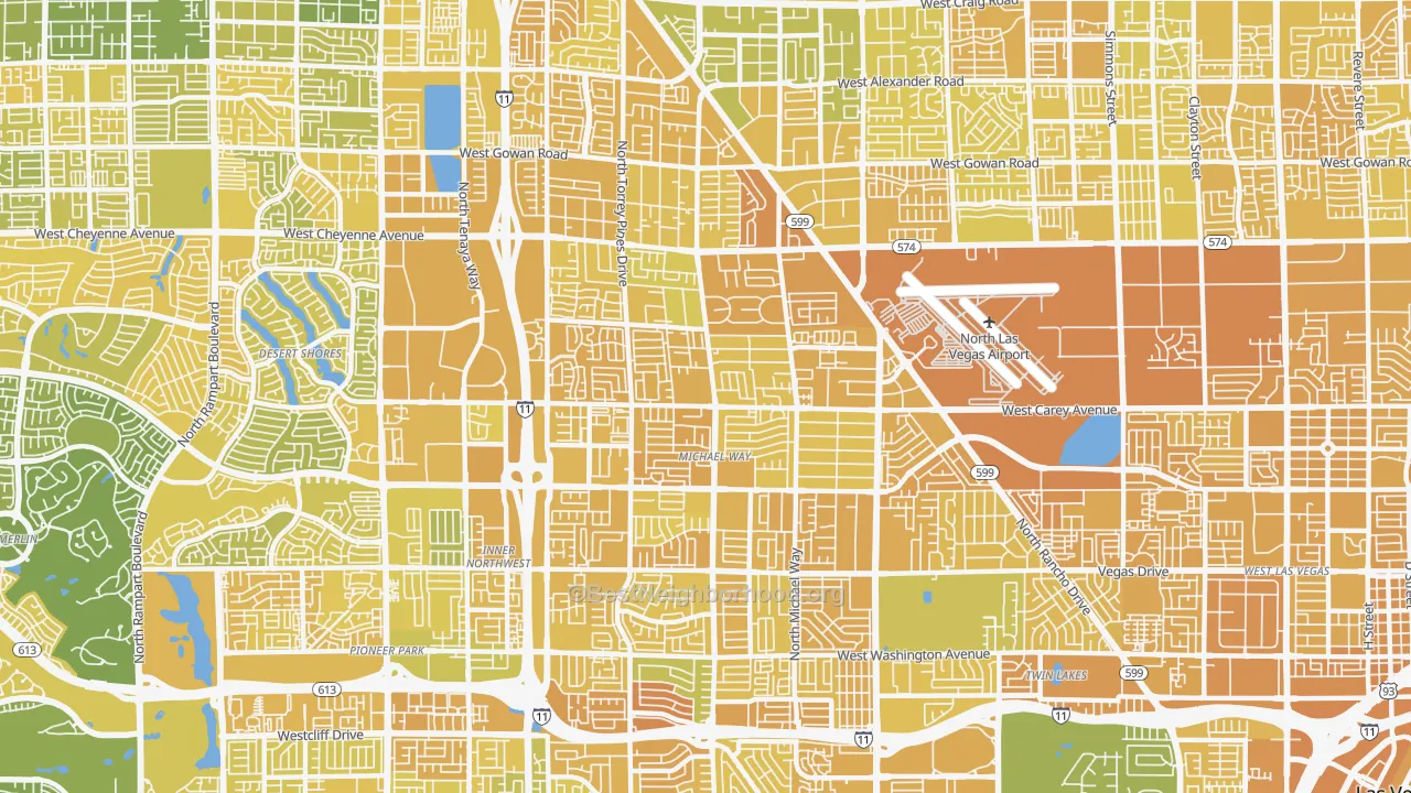 Map of the best neighborhoods in the 89108 area, with better matches in green and worse matches in red