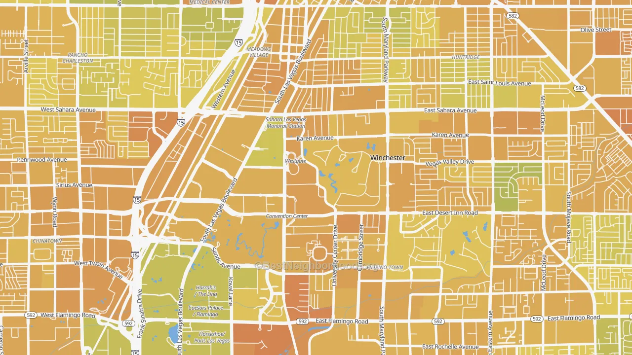 Map of the best neighborhoods in the 89109 area, with better matches in green and worse matches in red