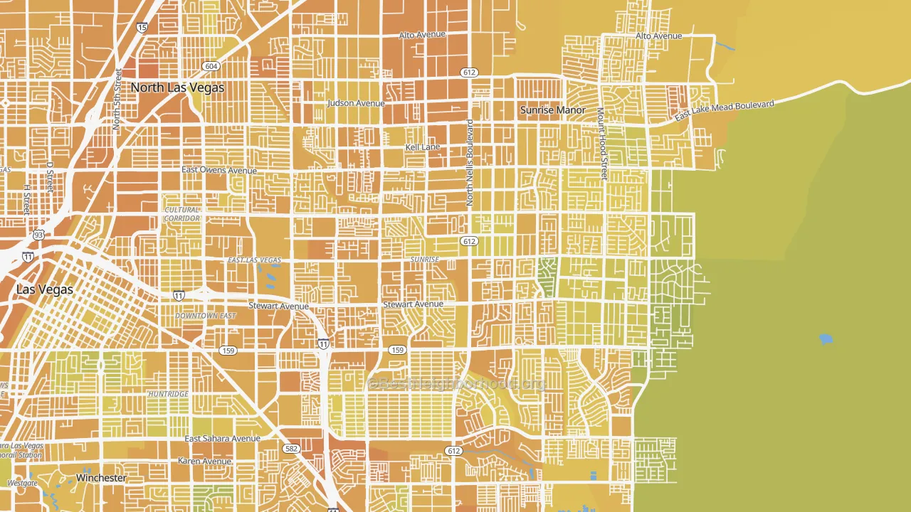 Map of the best neighborhoods in the 89110 area, with better matches in green and worse matches in red