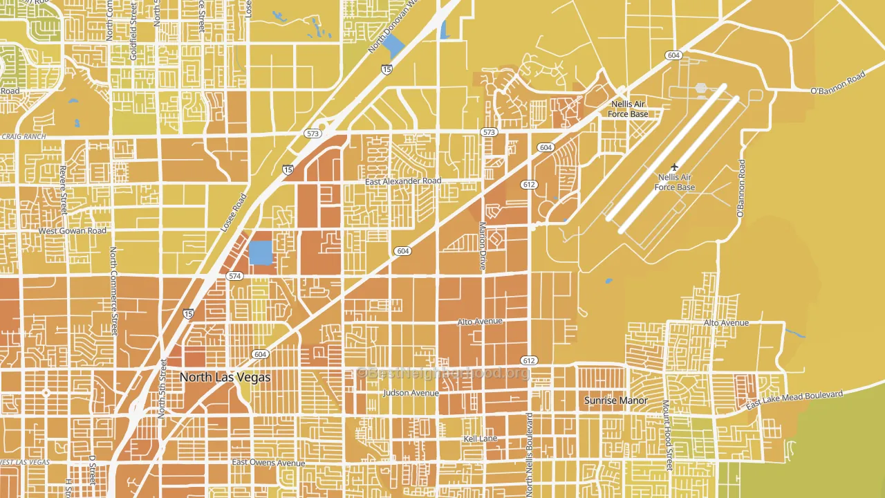 Map of the best neighborhoods in the 89115 area, with better matches in green and worse matches in red