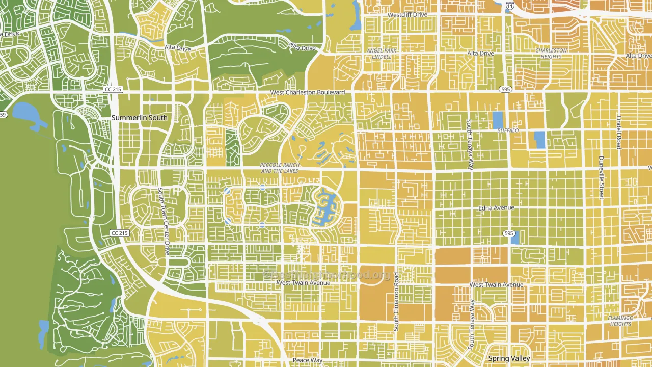 Map of the best neighborhoods in the 89117 area, with better matches in green and worse matches in red