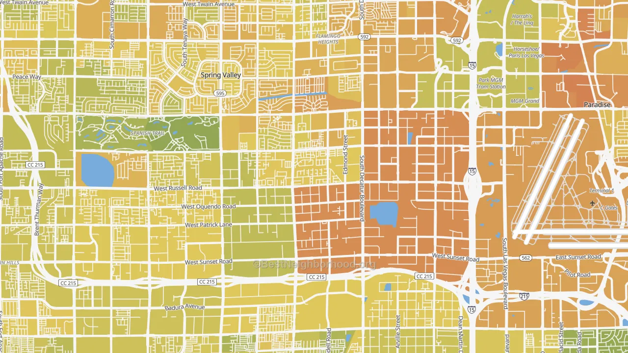 Map of the best neighborhoods in the 89118 area, with better matches in green and worse matches in red