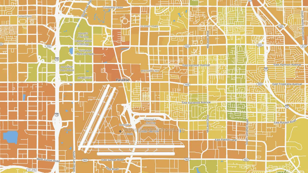 Map of the best neighborhoods in the 89119 area, with better matches in green and worse matches in red