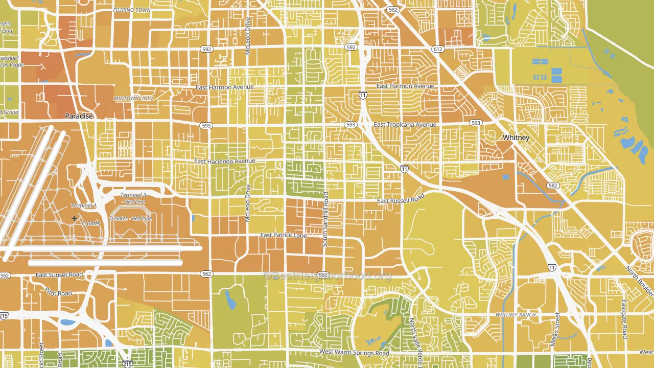 Map of the best neighborhoods in the 89120 area, with better matches in green and worse matches in red