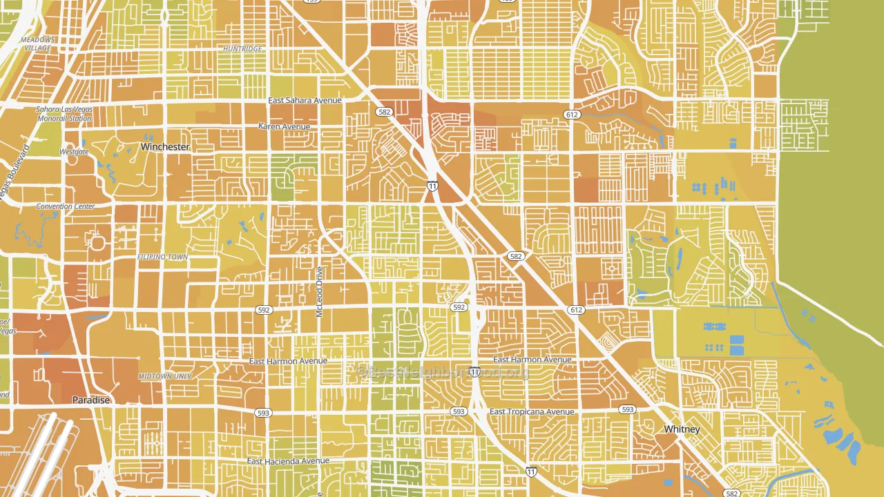 Map of the best neighborhoods in the 89121 area, with better matches in green and worse matches in red