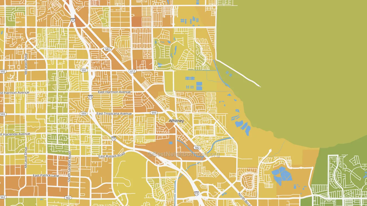 Map of the best neighborhoods in the 89122 area, with better matches in green and worse matches in red
