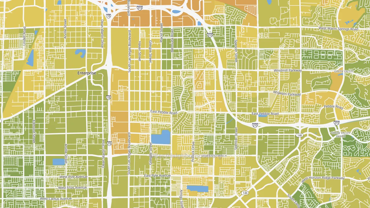 Map of the best neighborhoods in the 89123 area, with better matches in green and worse matches in red